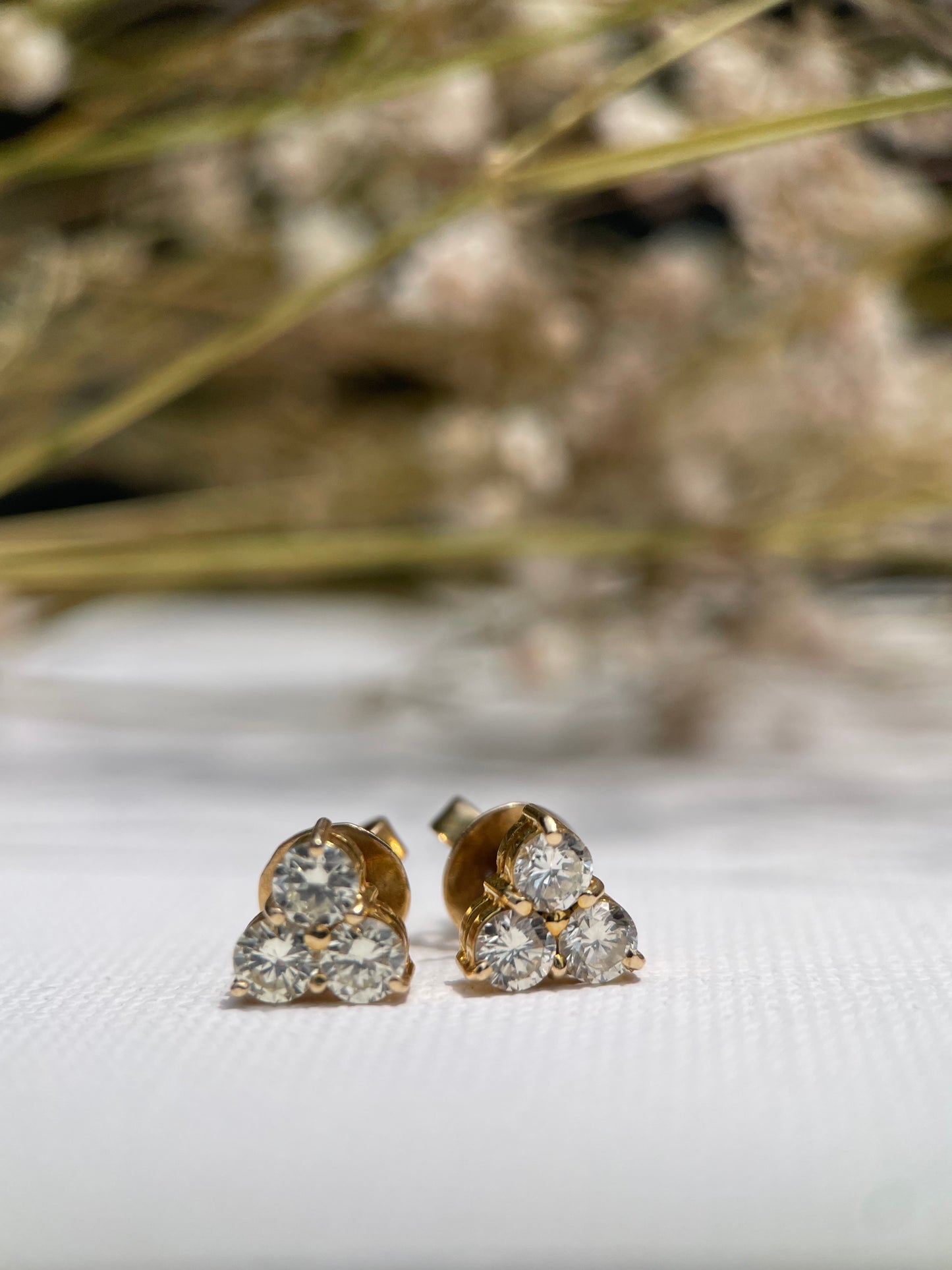 Three Stones Stud Earrings - 14K Yellow Gold with Diamonds - Floral-Inspired Brilliance