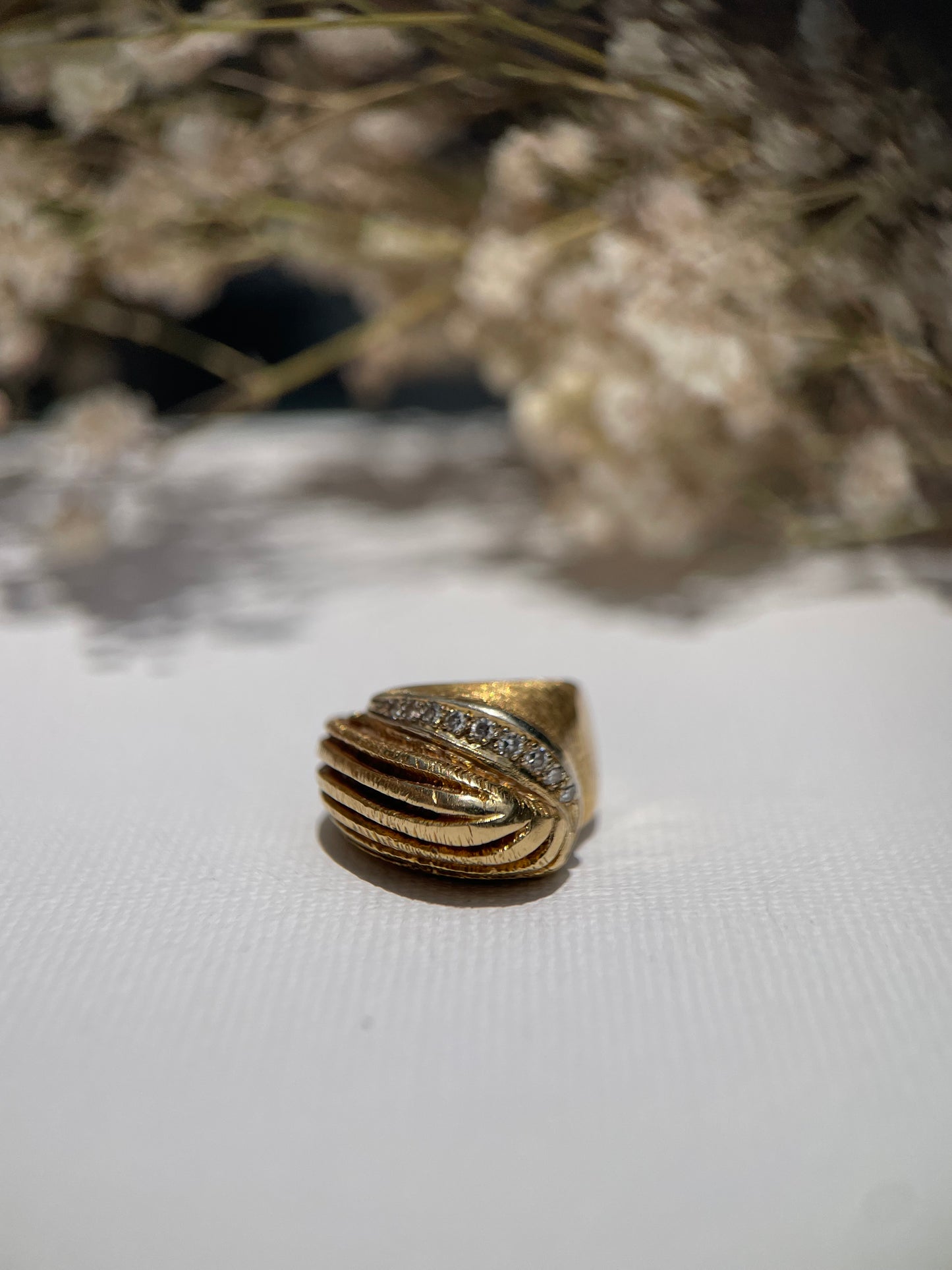 Vintage Swirl Dome Ring with Diamond Accents – 14K Yellow Gold