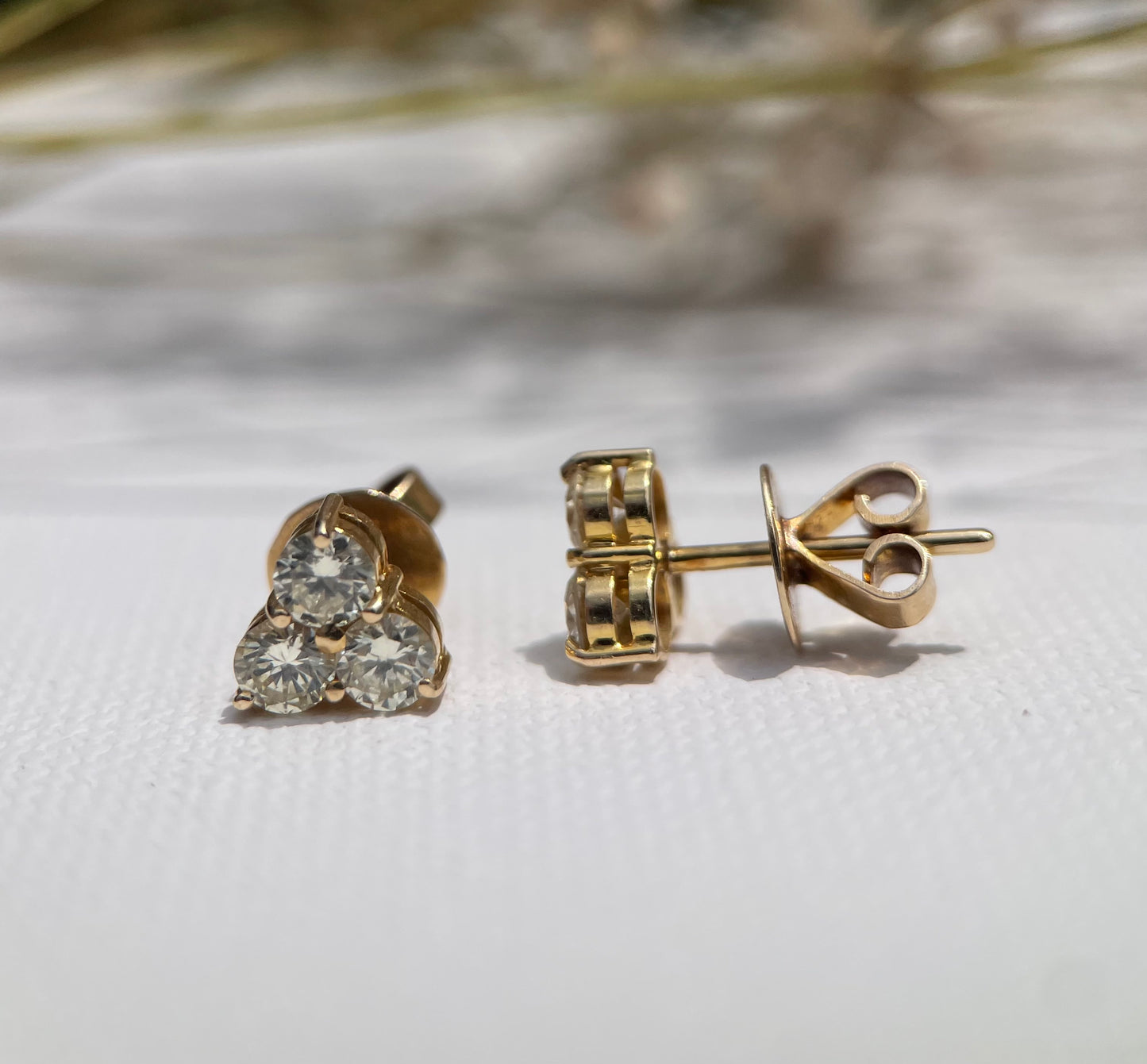 Three Stones Stud Earrings - 14K Yellow Gold with Diamonds - Floral-Inspired Brilliance