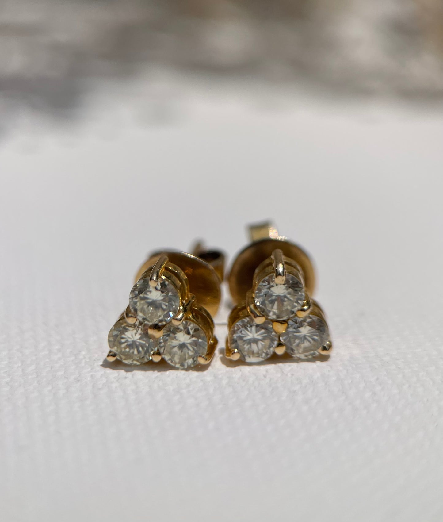 Three Stones Stud Earrings - 14K Yellow Gold with Diamonds - Floral-Inspired Brilliance