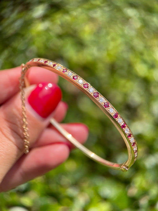 Estate Ruby & Diamond Line Bangle in 14K Yellow Gold