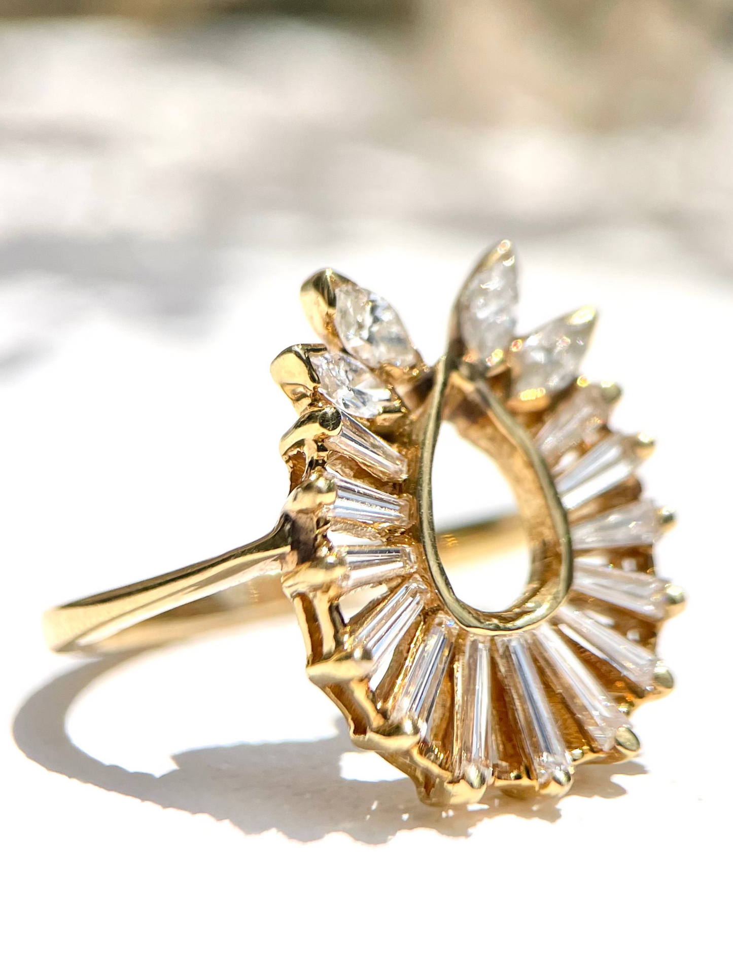 14K Gold Fan Accent Ring Setting – 13 Baguette & 4 Marquise Diamond Horseshoe Frame - Size 9