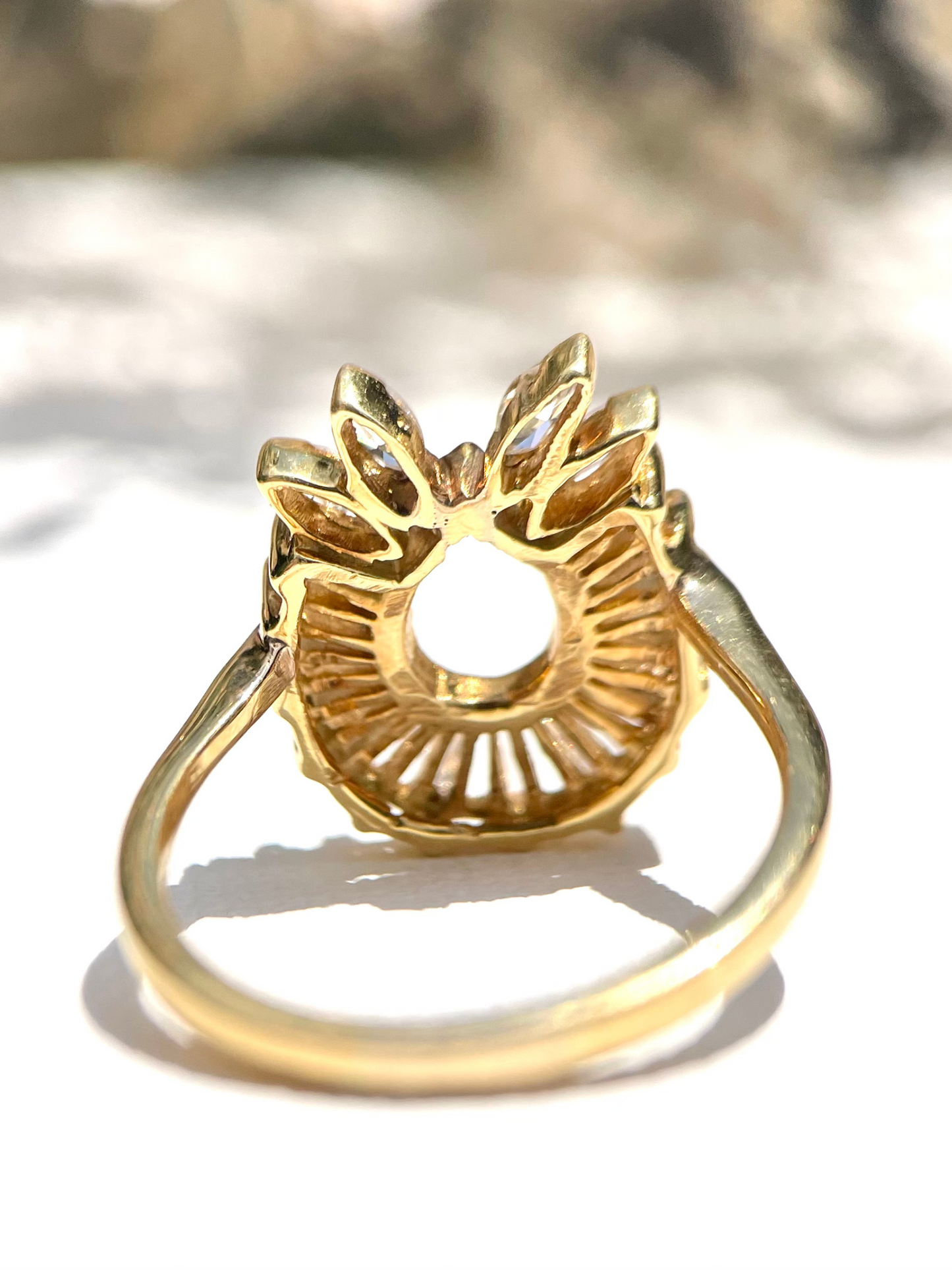 14K Gold Fan Accent Ring Setting – 13 Baguette & 4 Marquise Diamond Horseshoe Frame - Size 9