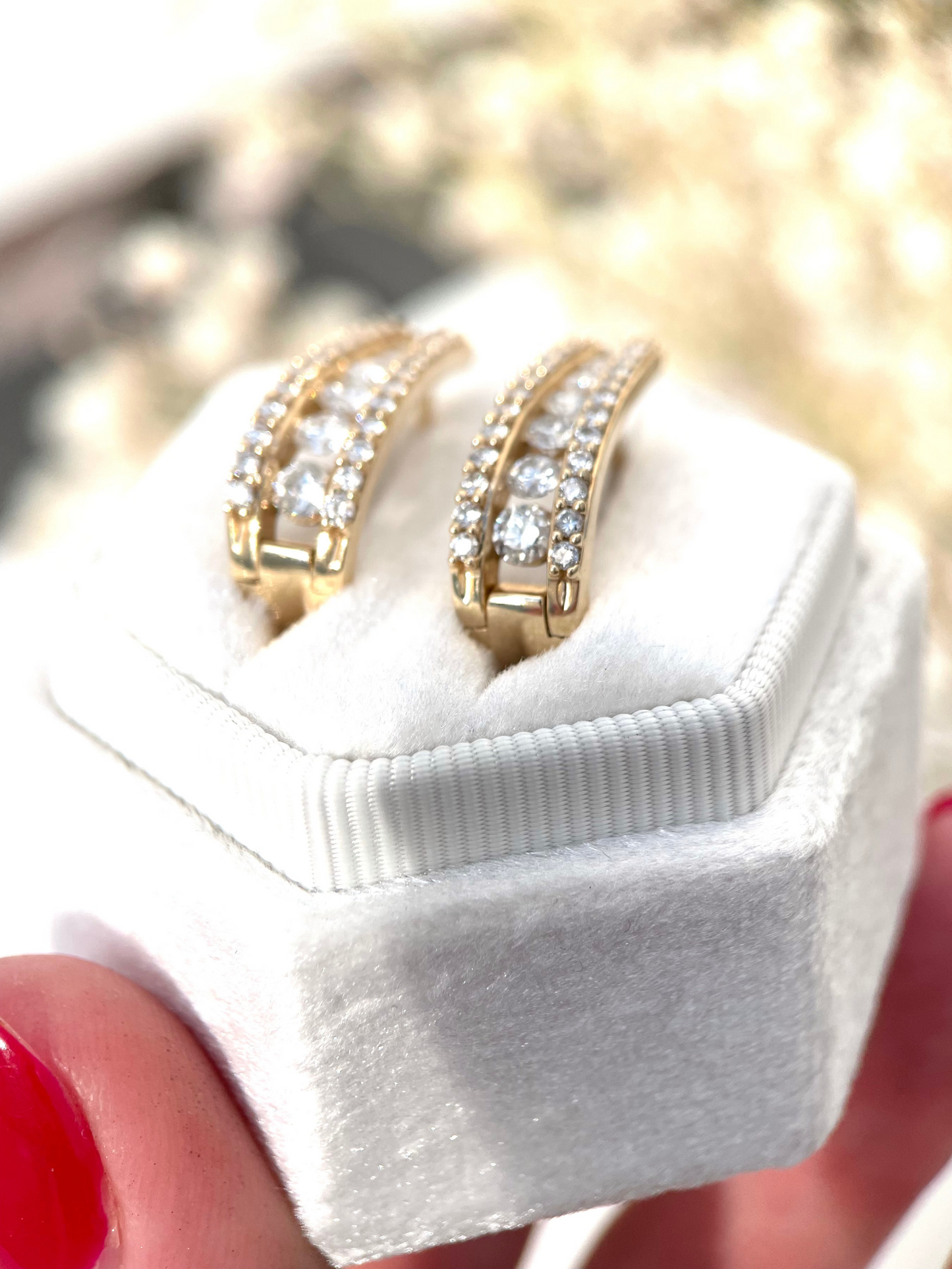 Diamond Huggie Hoop Earrings - 14 K Yellow Gold with Three Rows of Natural Diamonds