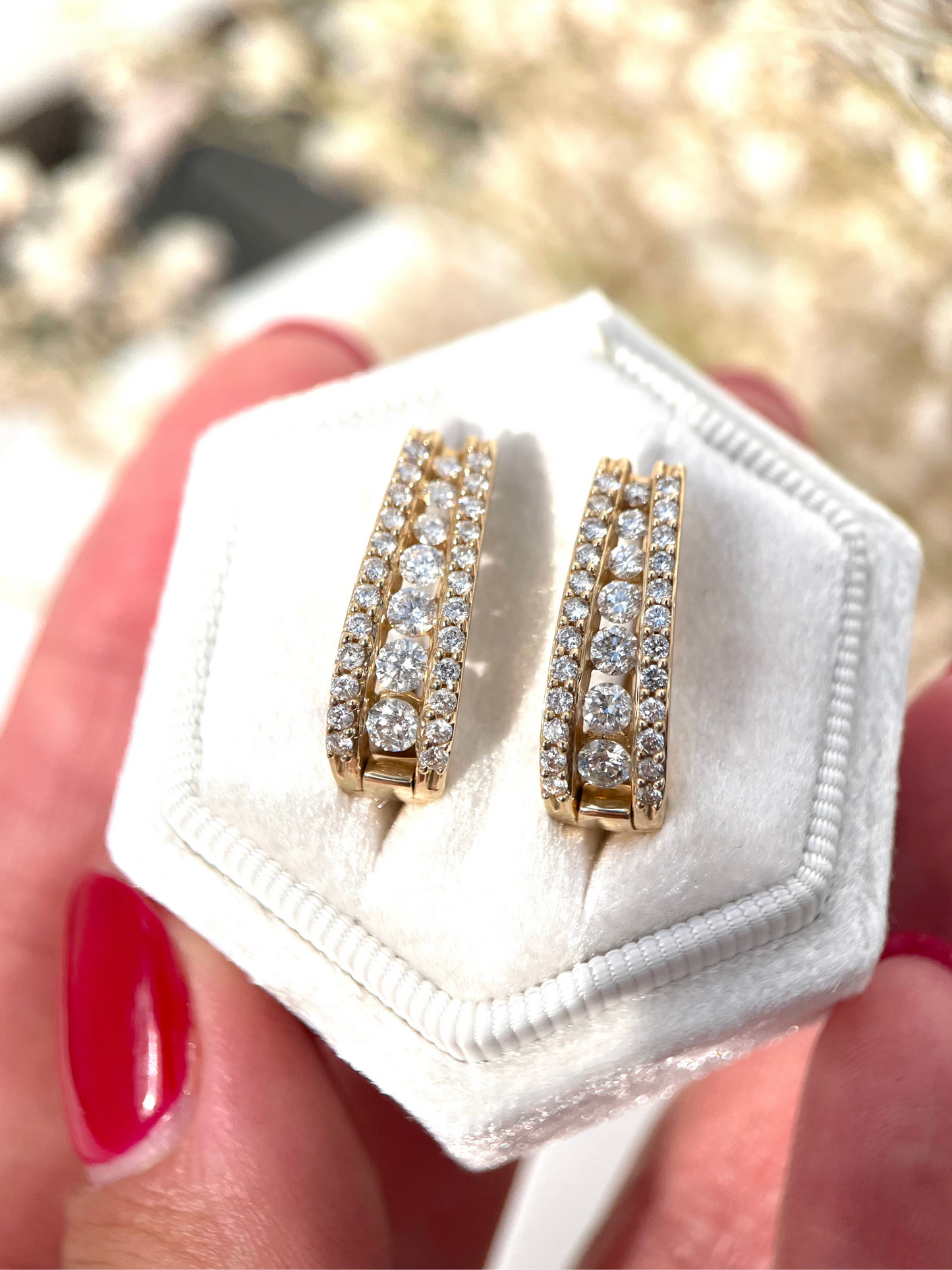Diamond Huggie Hoop Earrings - 14 K Yellow Gold with Three Rows of Natural Diamonds